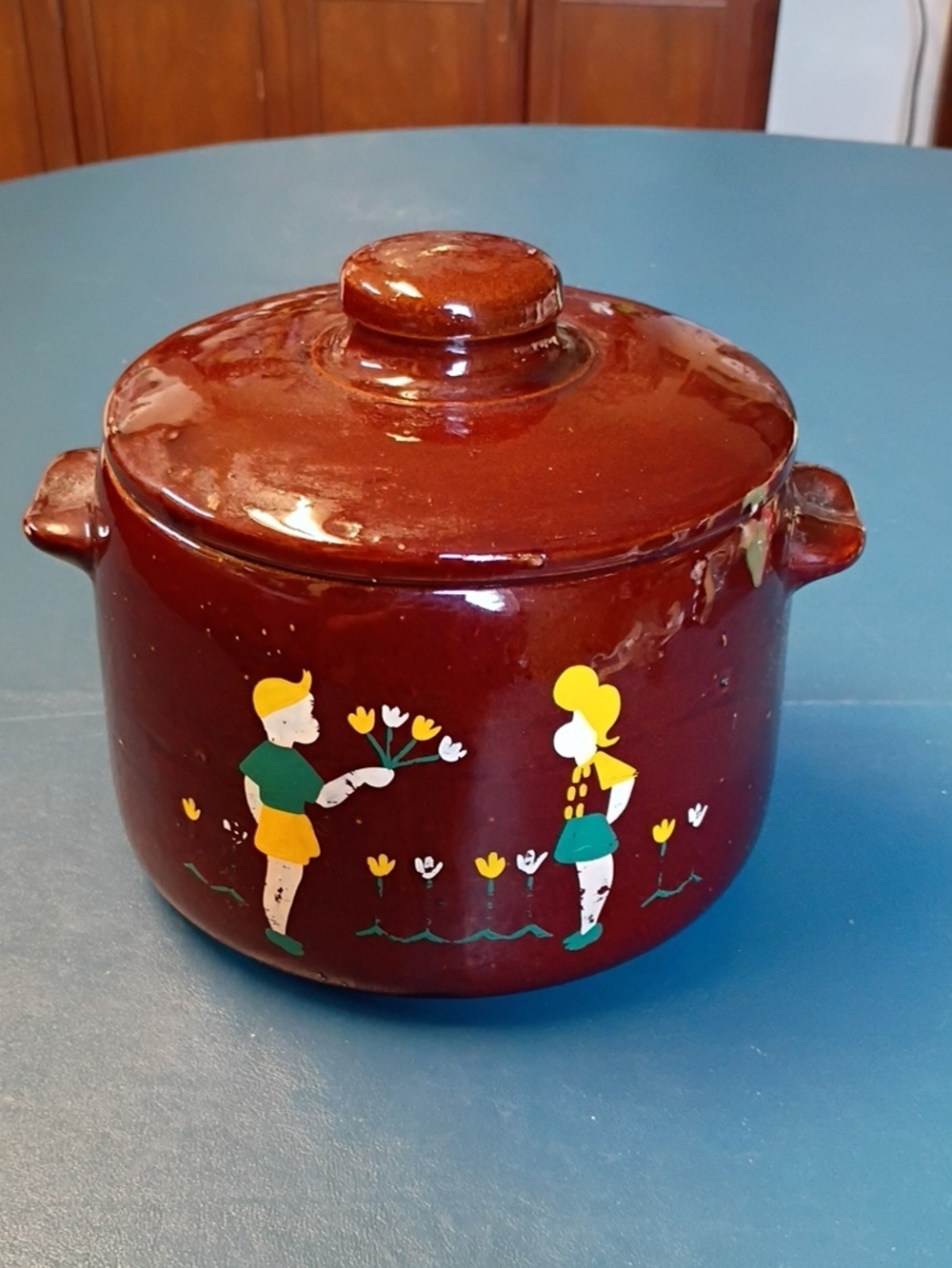 West Bend Ceramic Covered Cookie Jar with Floral Children Design
